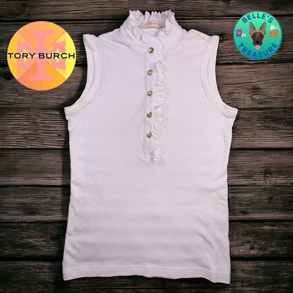 Tory Burch Top Women Small White Lidia Ruffle Collar Pima Cotton Gold Button